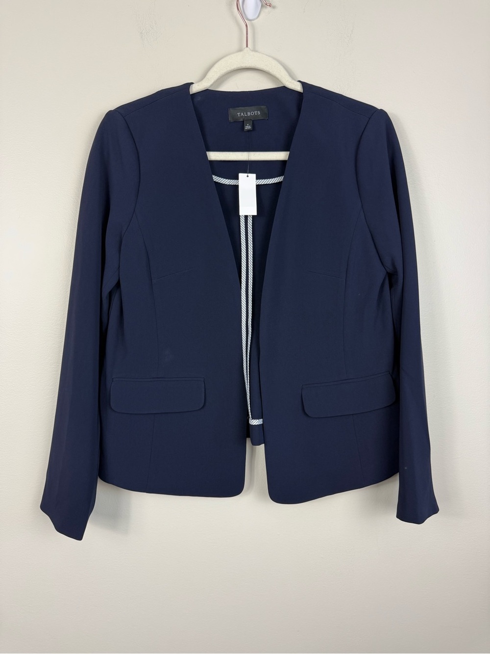 Talbots Blazer Womens 4 Blue Open Front Collarless Business Office Easy Travel
